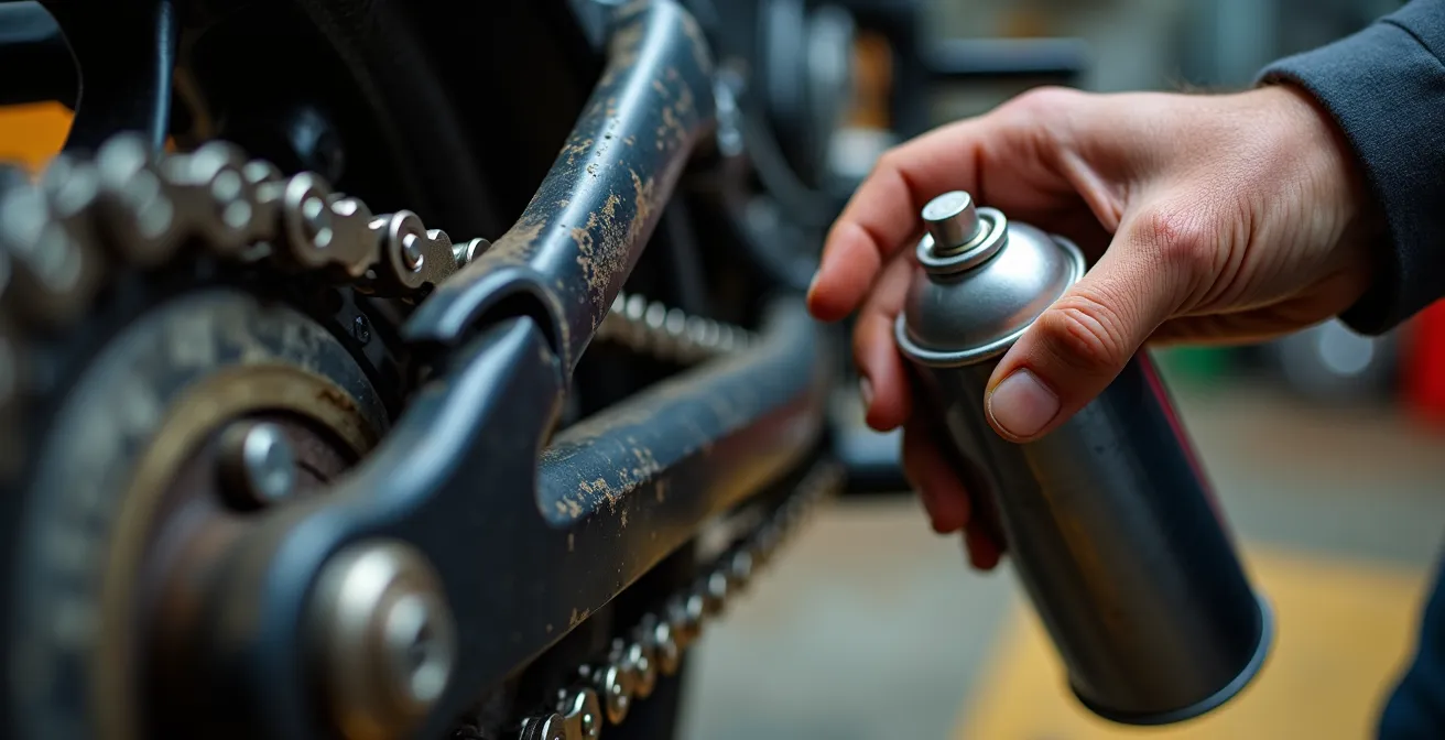 Gros plan sur une main appliquant de la graisse sur une chaîne de moto avec précision