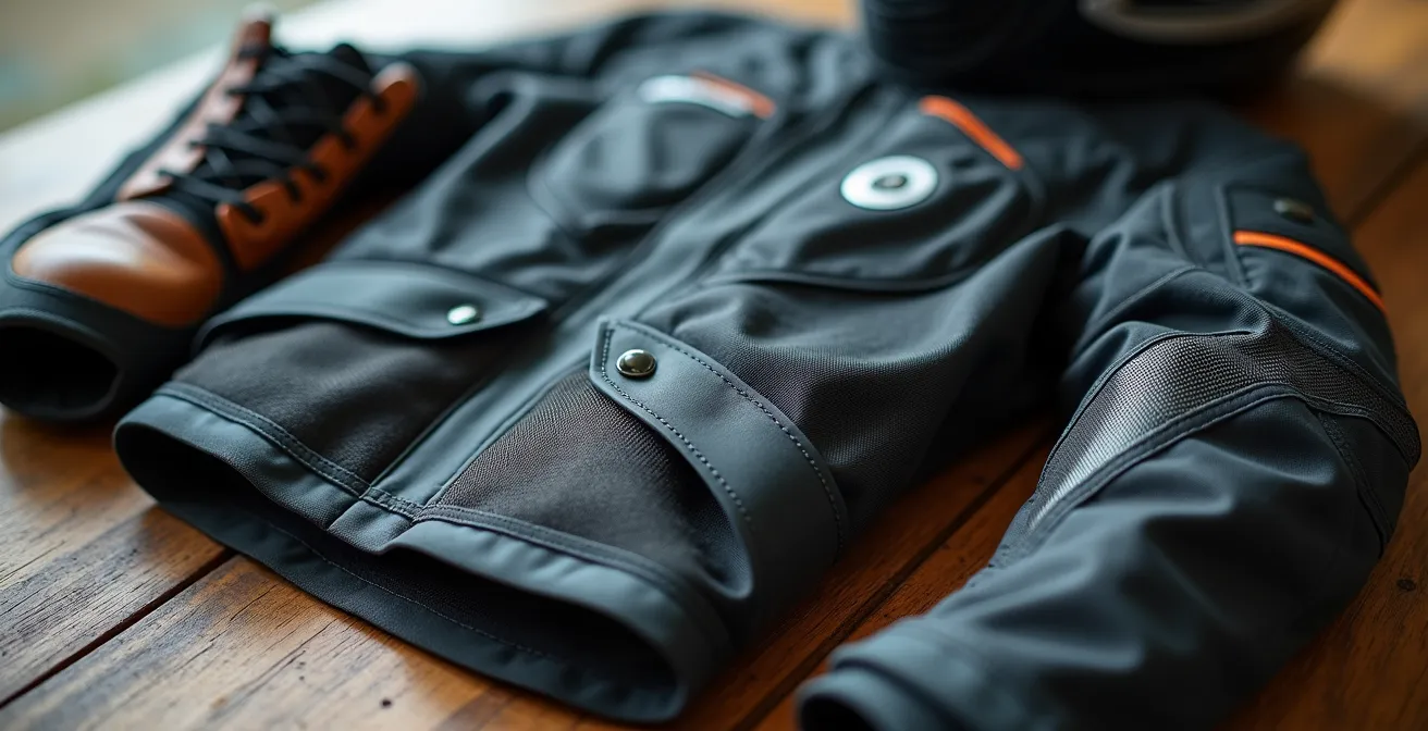 Ensemble complet d'équipement moto abordable disposé sur une table en bois