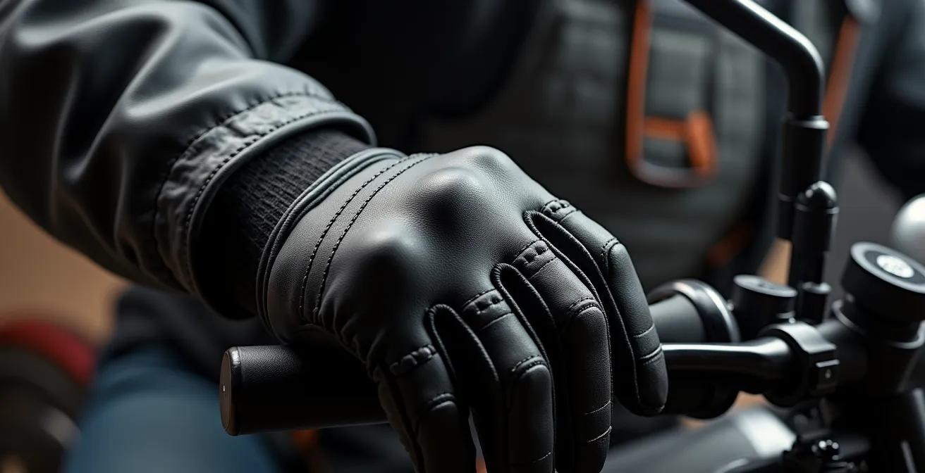 Équipement de protection moto complet disposé de manière artistique sur le sol