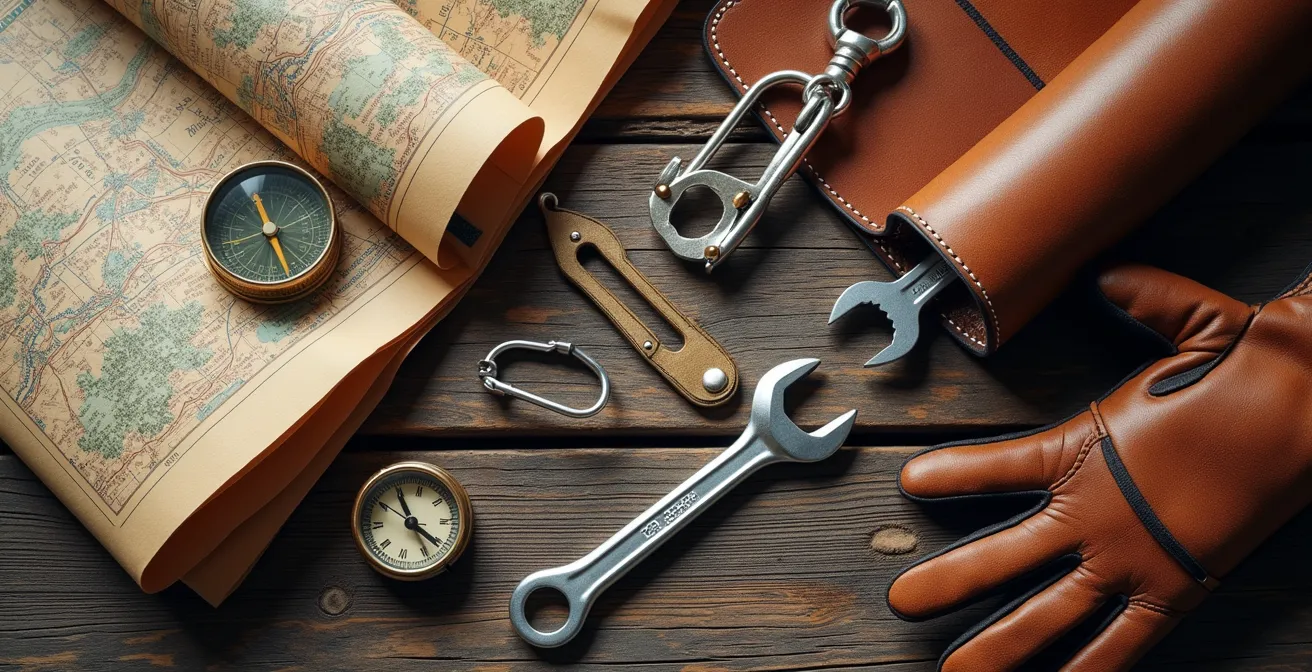 Équipement de voyage moto disposé sur une table en bois avec cartes et outils