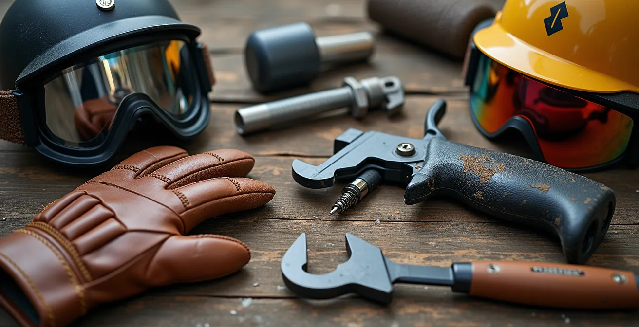 Vue détaillée de l'équipement complet d'un quadeur avec casque, gants et outils