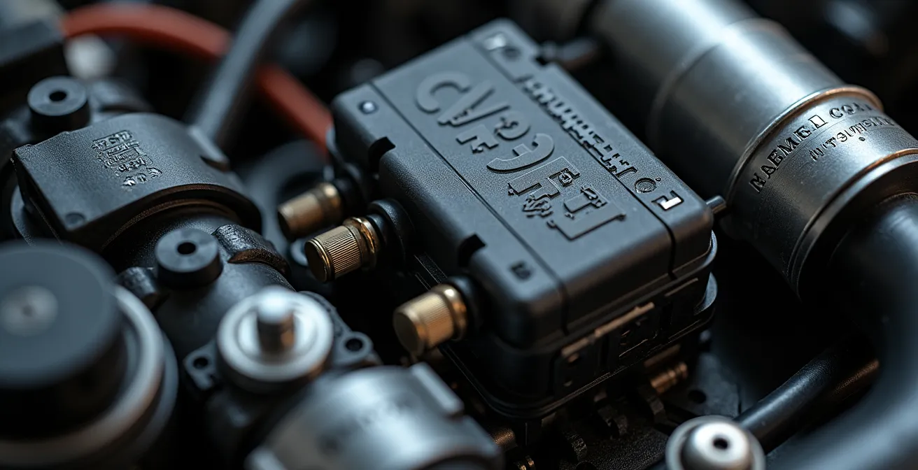 Détail macro d'un boîtier électronique de bridage sur moteur de moto