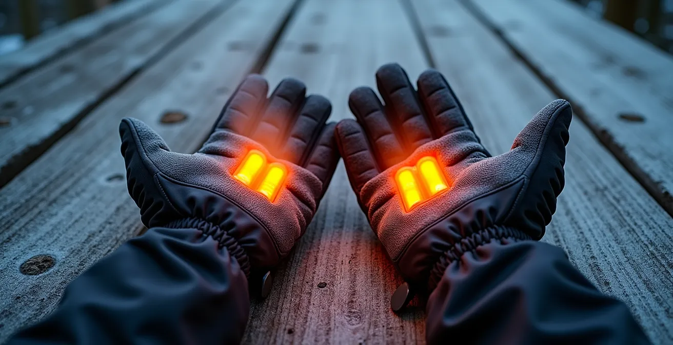 Gants chauffants moto avec batteries visibles sur fond hivernal