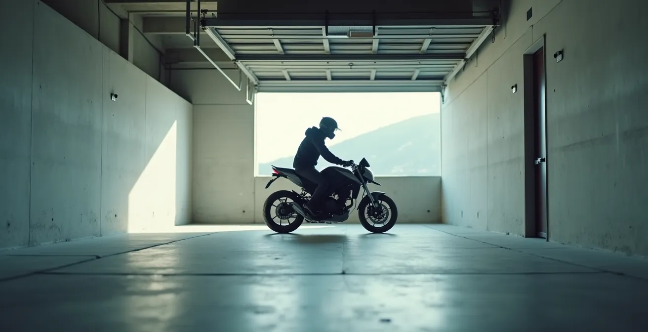 Vue large d'un motard inspectant sa moto dans un garage épuré avec espace négatif important