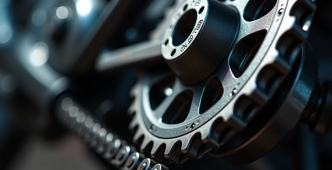 Vue macro de la chaîne et du pignon d'une moto