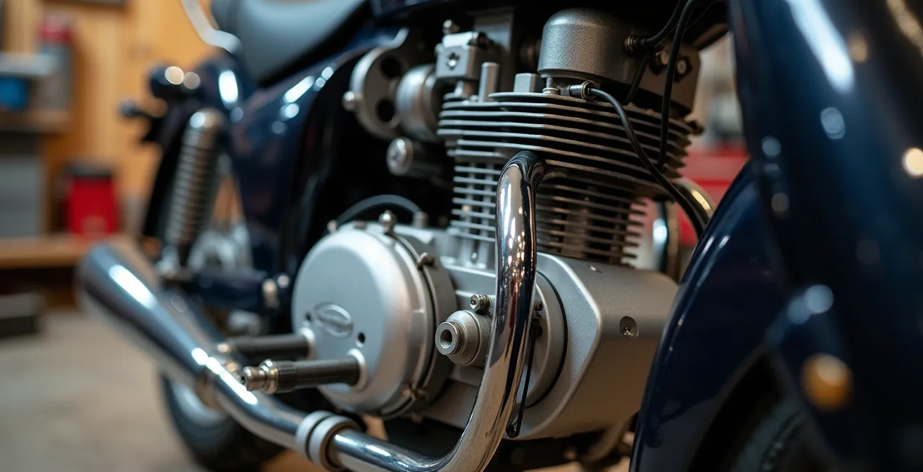 Gros plan technique sur le moteur d'un scooter 50cc montrant les composants mécaniques