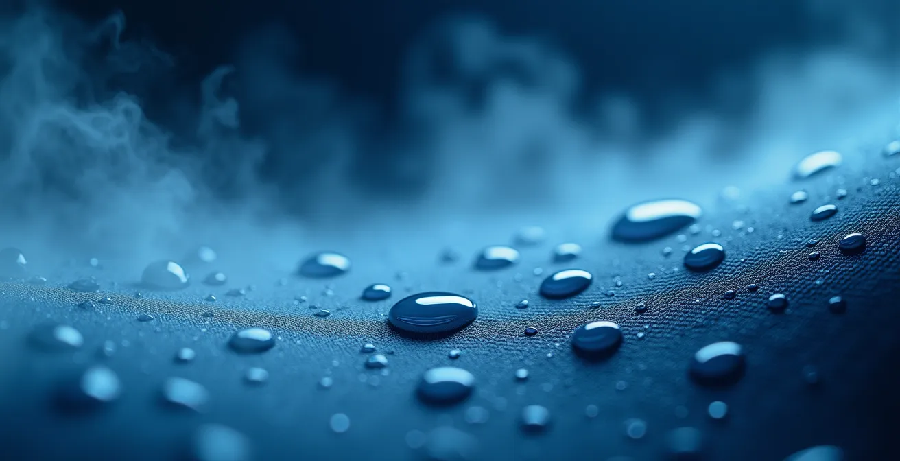 Coupe microscopique d'une membrane étanche montrant le passage de la vapeur d'eau mais bloquant les gouttelettes de liquide.