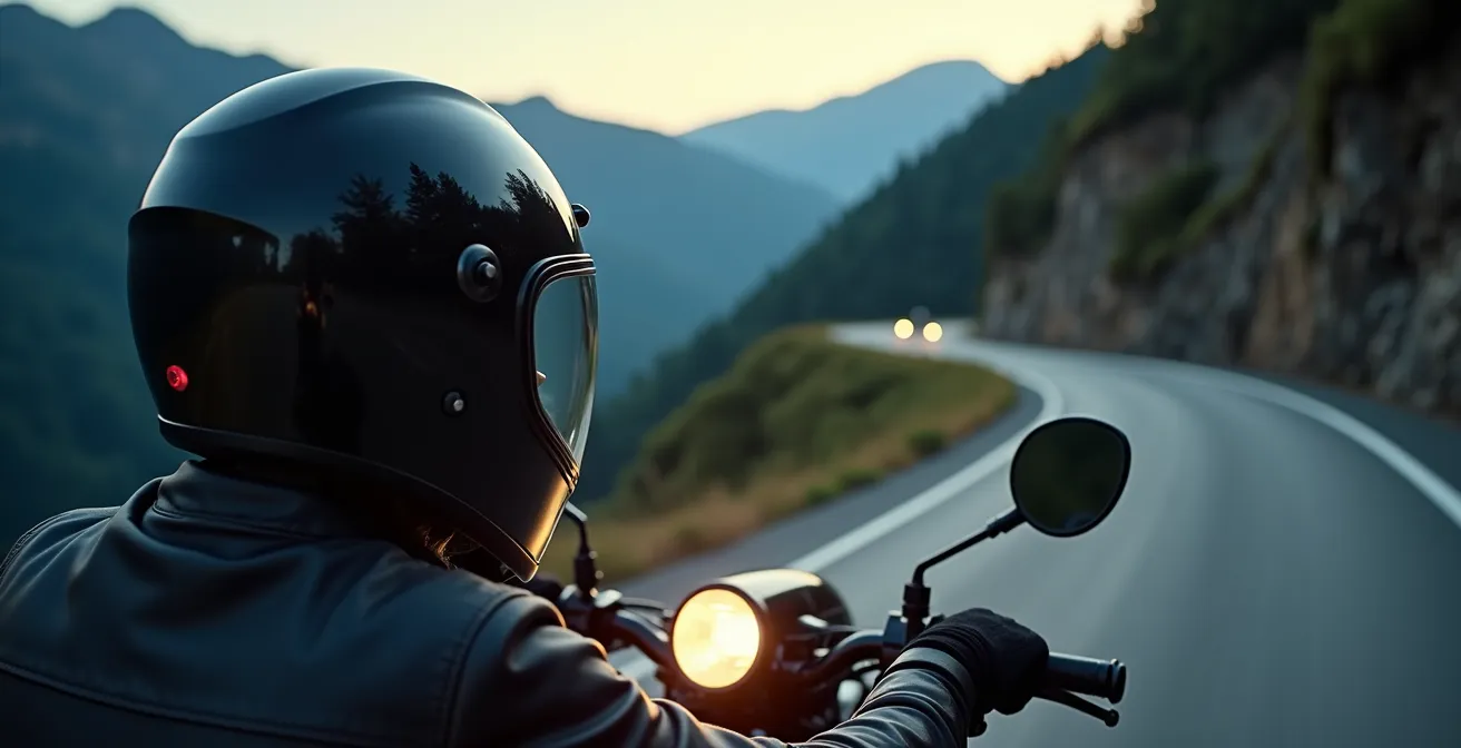 Motard utilisant son éclairage pour scanner un virage aveugle de nuit