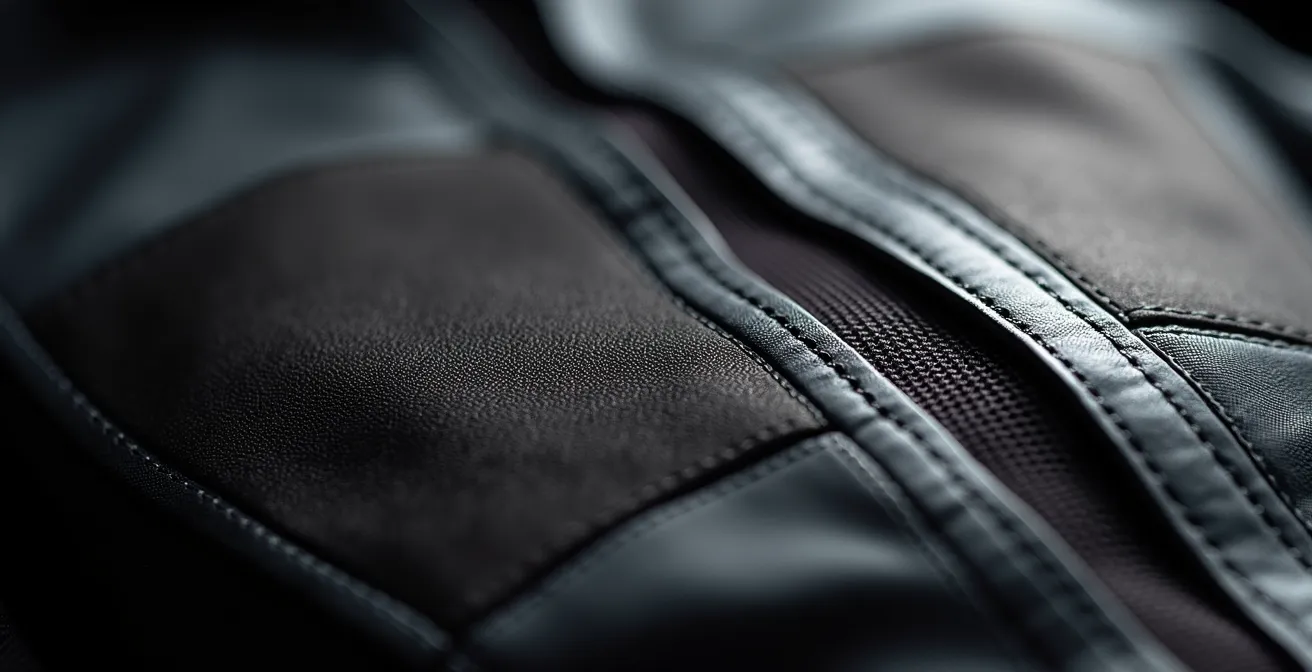 Gros plan sur les détails texturés d'un équipement moto premium montrant la qualité de fabrication