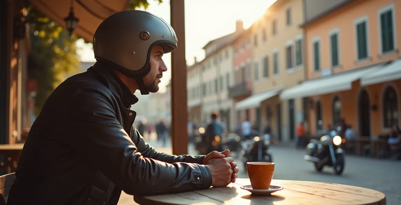Motard savourant un café en terrasse d'un petit village lors d'une pause dominicale matinale