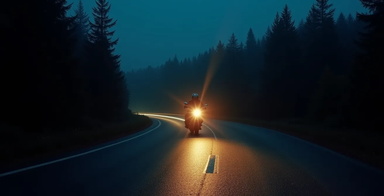 Faisceau lumineux d'un phare de moto éclairant une route sinueuse dans la forêt la nuit