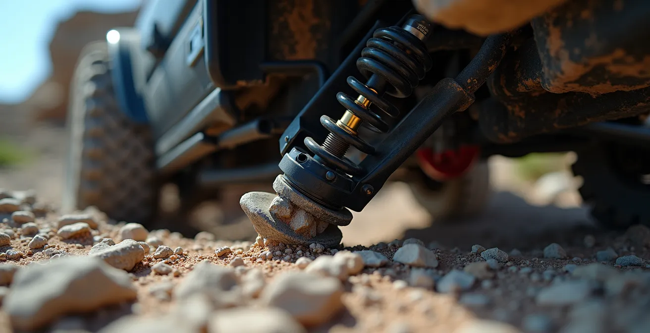 Gros plan sur une suspension de véhicule absorbant un impact rocheux