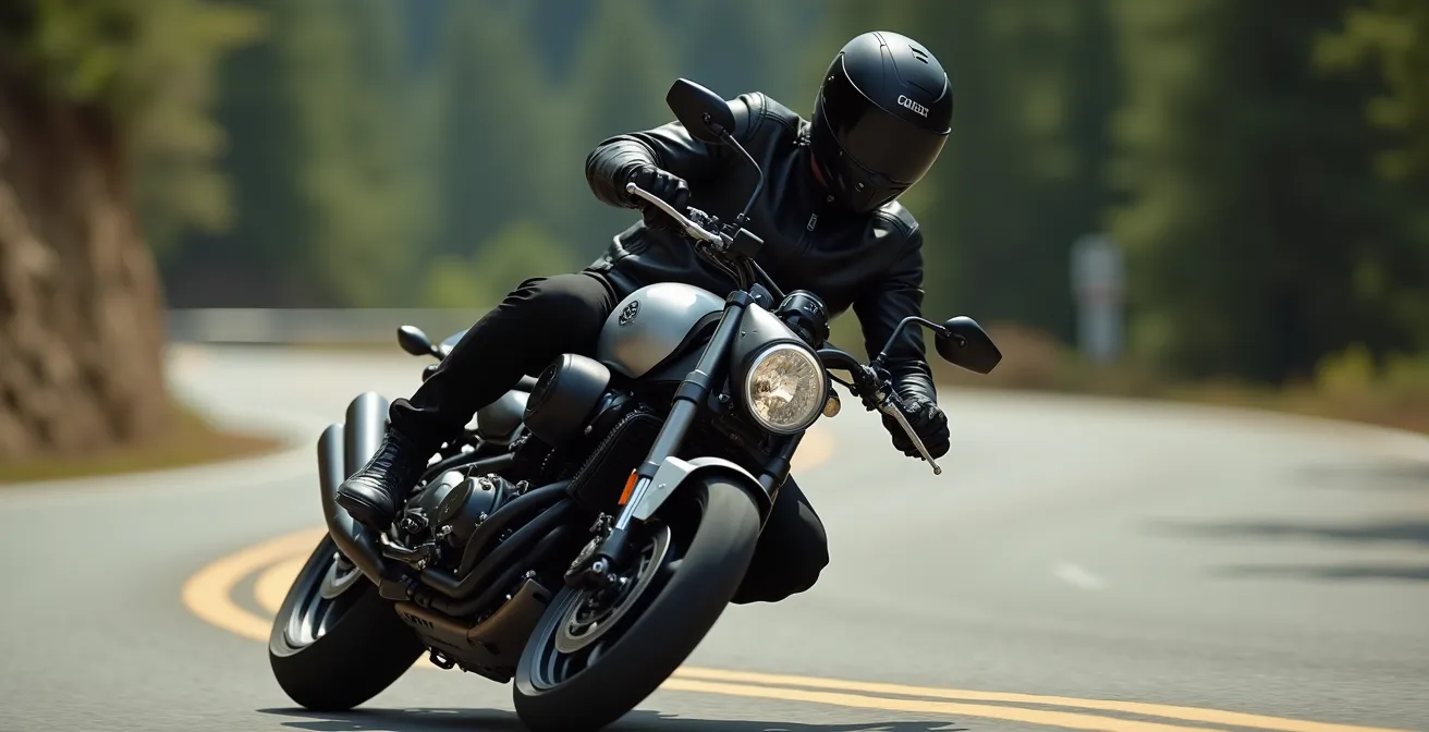 Motard démontrant la technique du body steering dans un virage avec déhanché contrôlé