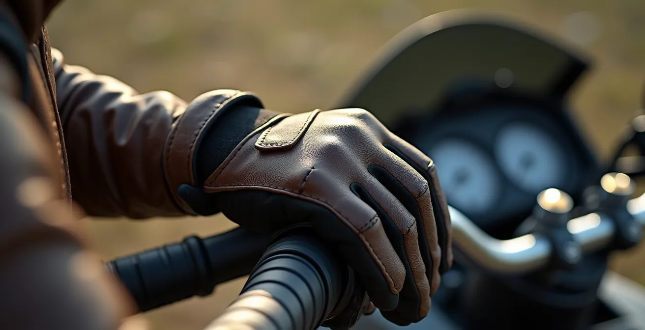 Vue macro sur les mains d'un pilote au repos sur les commandes d'un Can-Am après une longue route