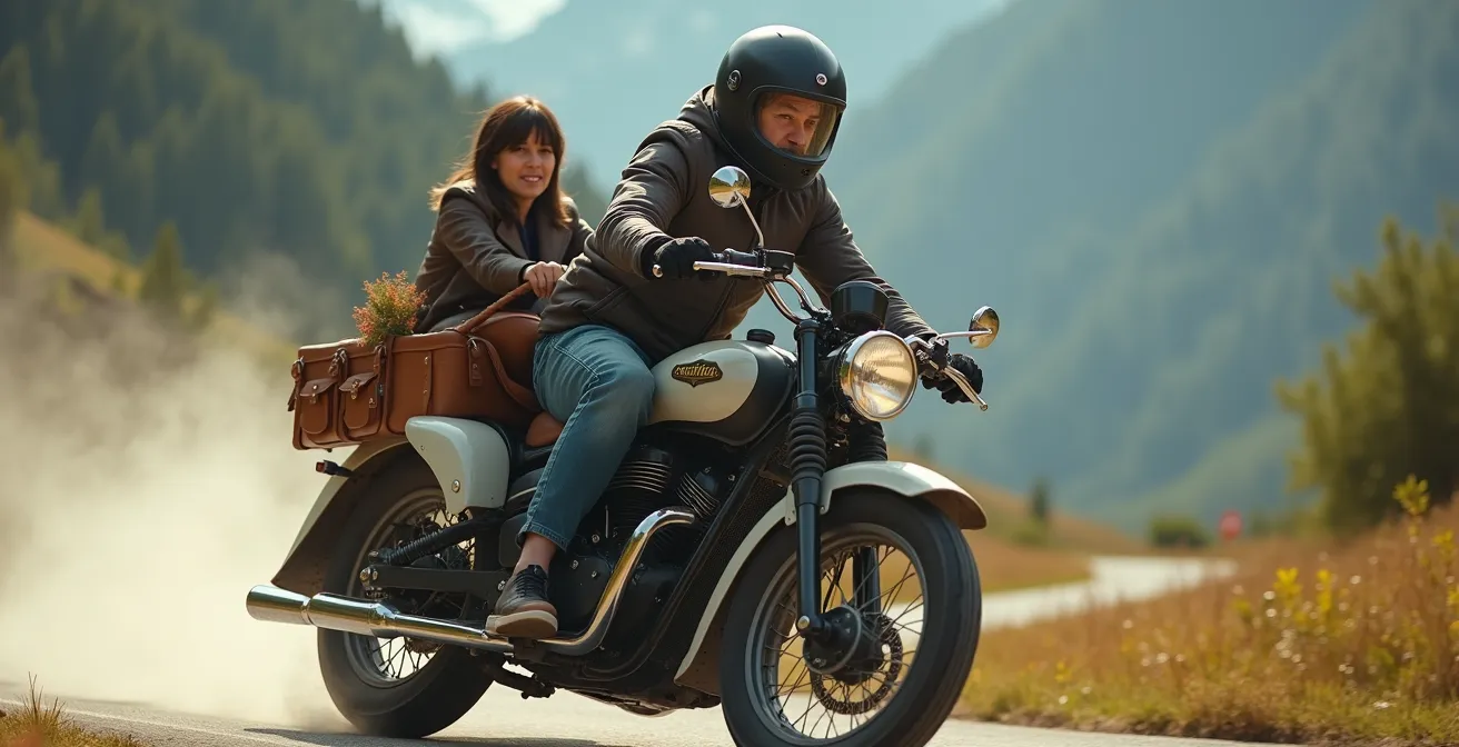 Pilote et passager en action dans un side-car négociant un virage en montagne, le passager penché activement pour l'équilibre