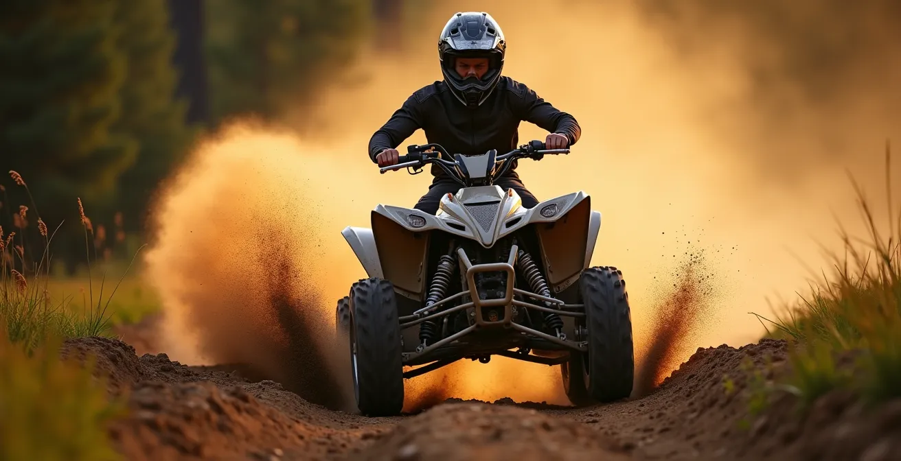 Pilote de quad démontrant la technique de transfert de poids dans un virage serré