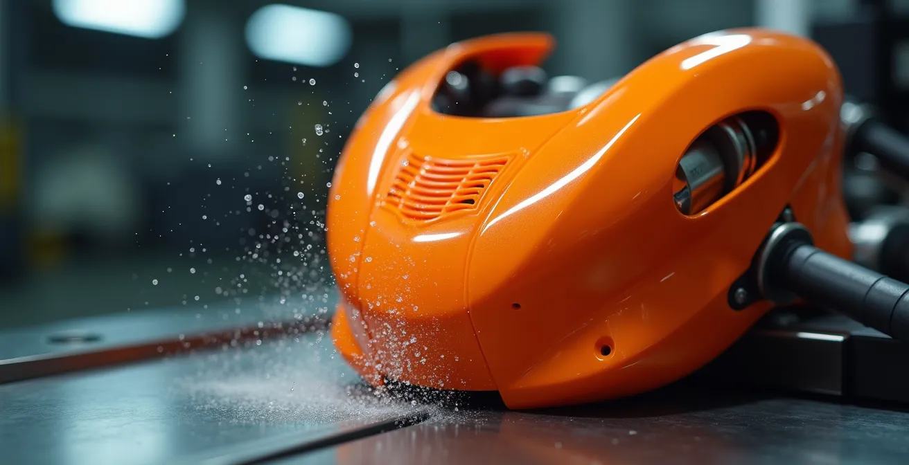 Test d'impact sur coque de protection moto en laboratoire