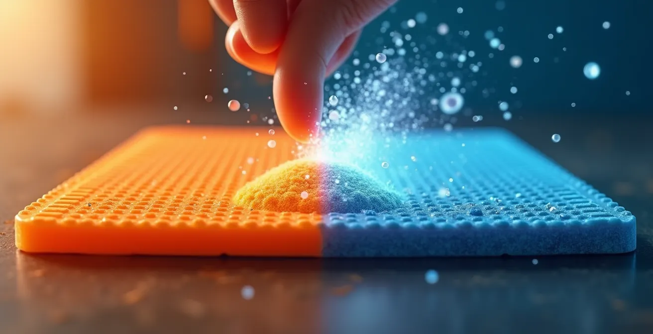 Démonstration visuelle de la transformation du matériau D3O de souple à rigide lors d'un impact