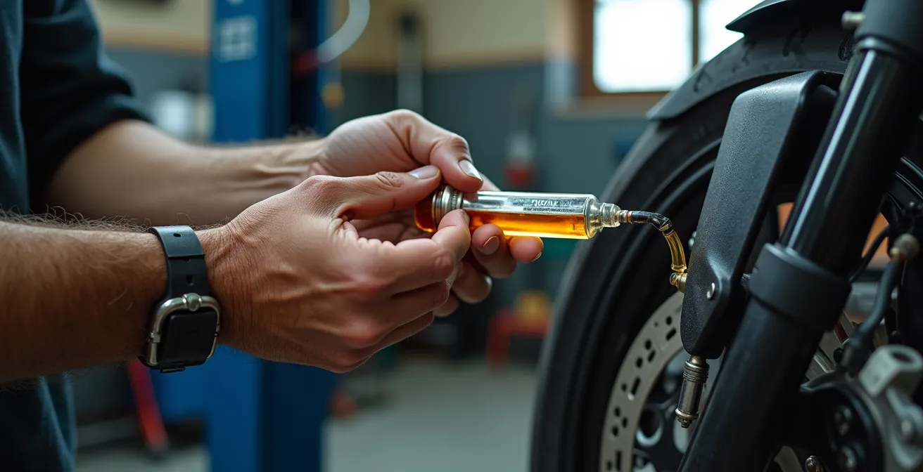 Mécanicien effectuant une purge de liquide de frein sur une moto avec équipement professionnel