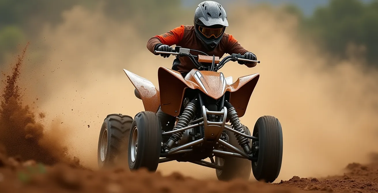 Quad de course en action lors d'une compétition sur terrain accidenté
