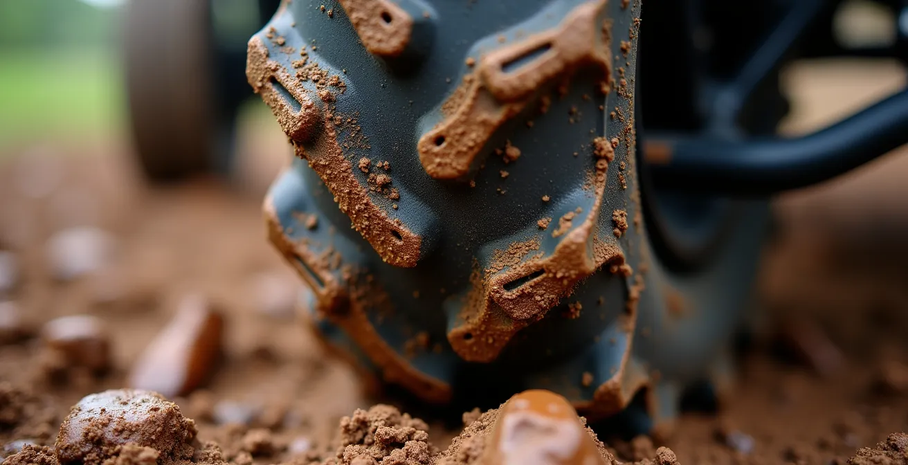 Détail macro d'une roue de quad dans la boue montrant la traction
