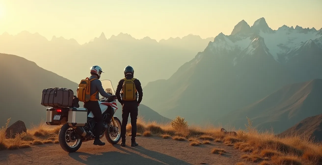 Couple de motards en pause contemplative devant un paysage de montagne