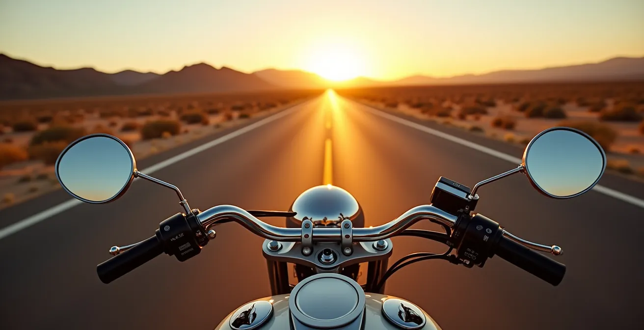 Custom solitaire sur une route droite et infinie traversant un paysage désertique au coucher du soleil