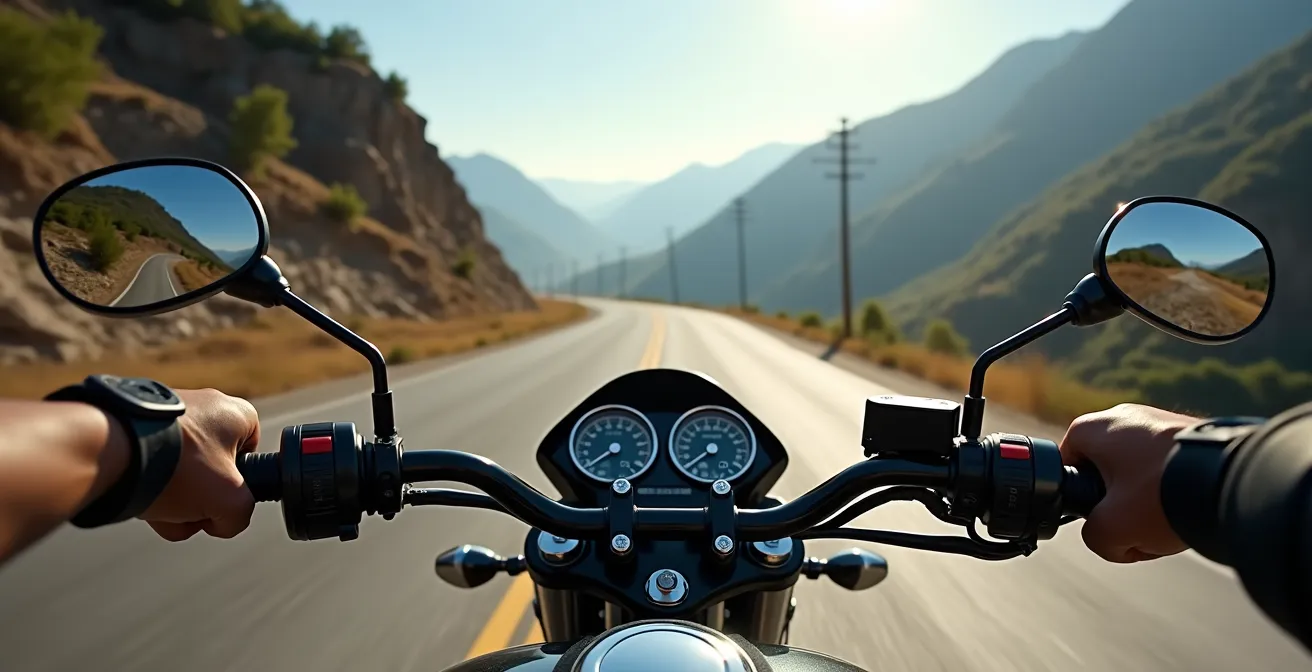 Route de montagne sinueuse vue depuis le guidon d'une moto sportive
