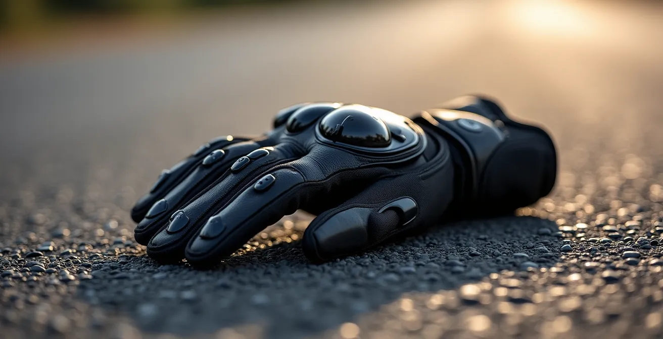 Gros plan sur le slider de paume en TPU d'un gant de moto posé sur asphalte