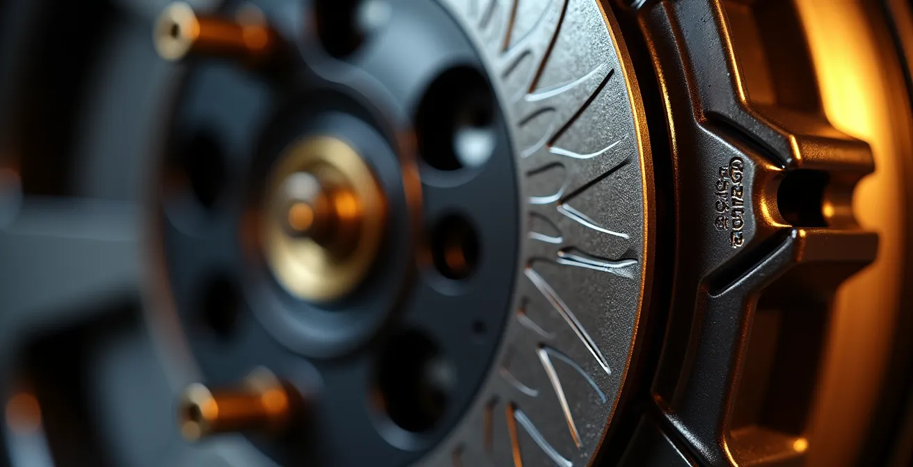 Détail macro d'un étrier de frein haute performance sur disque ventilé