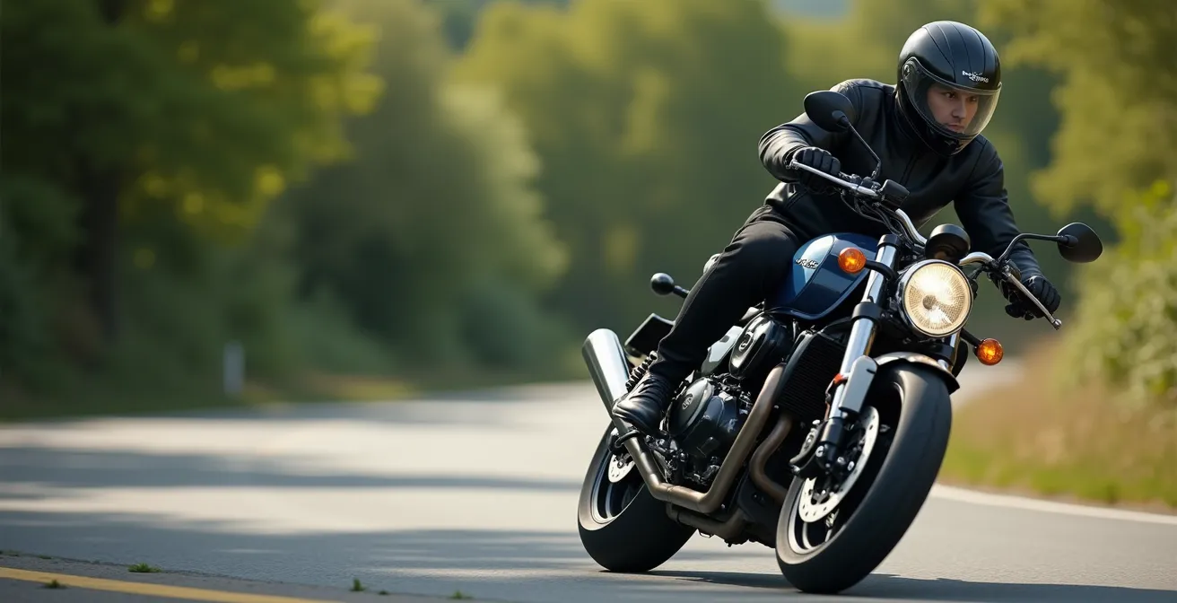 Vue rapprochée d'un motard démontrant la technique du déhanché de sécurité sur route départementale