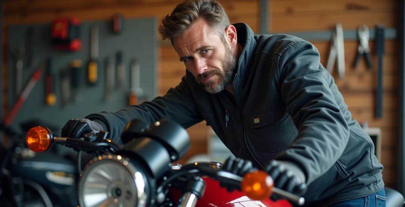 Motard effectuant le test du garage pour diagnostiquer l'usure au carré de son pneu arrière