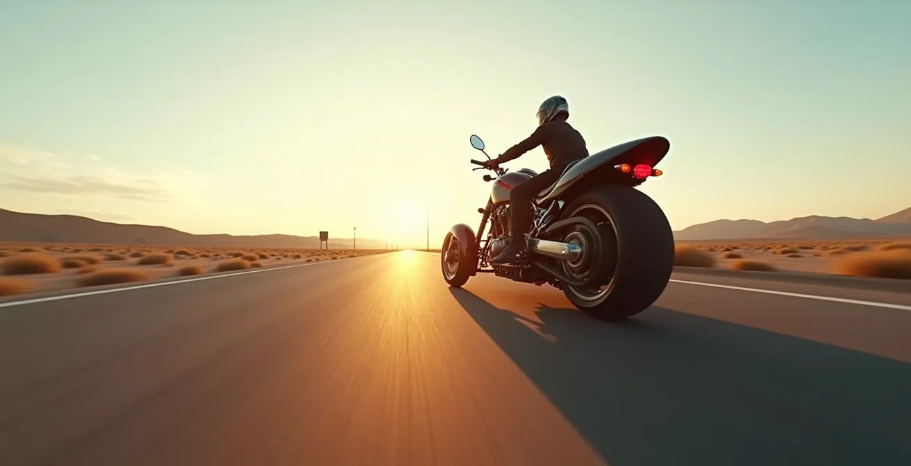 Trike en phase d'accélération montrant le transfert de masse sur les roues arrière