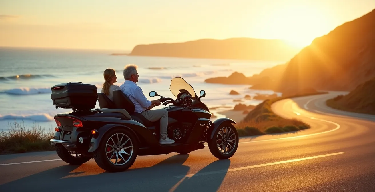 Couple de voyageurs sur un trike moderne parcourant une route côtière sinueuse avec bagages