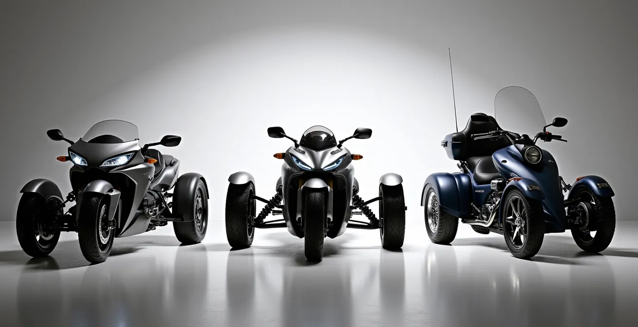 Trois types de trikes côte à côte illustrant les différentes philosophies de conception