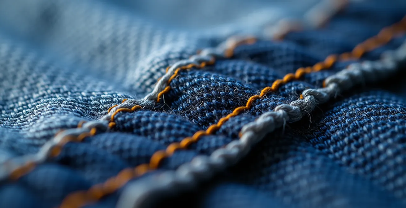 Vue détaillée des zones de renfort sur un jean moto avec mise en évidence des parties protégées