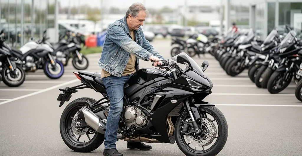 Personne assise sur une moto en position d'évaluation sur un parking