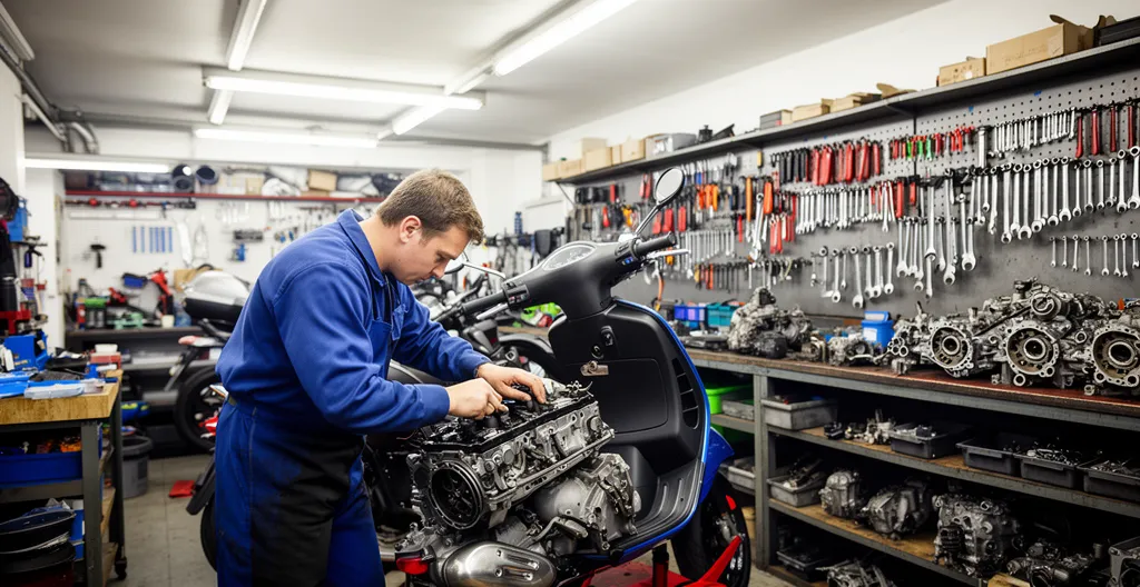 Mécanicien travaillant sur un scooter dans un atelier professionnel