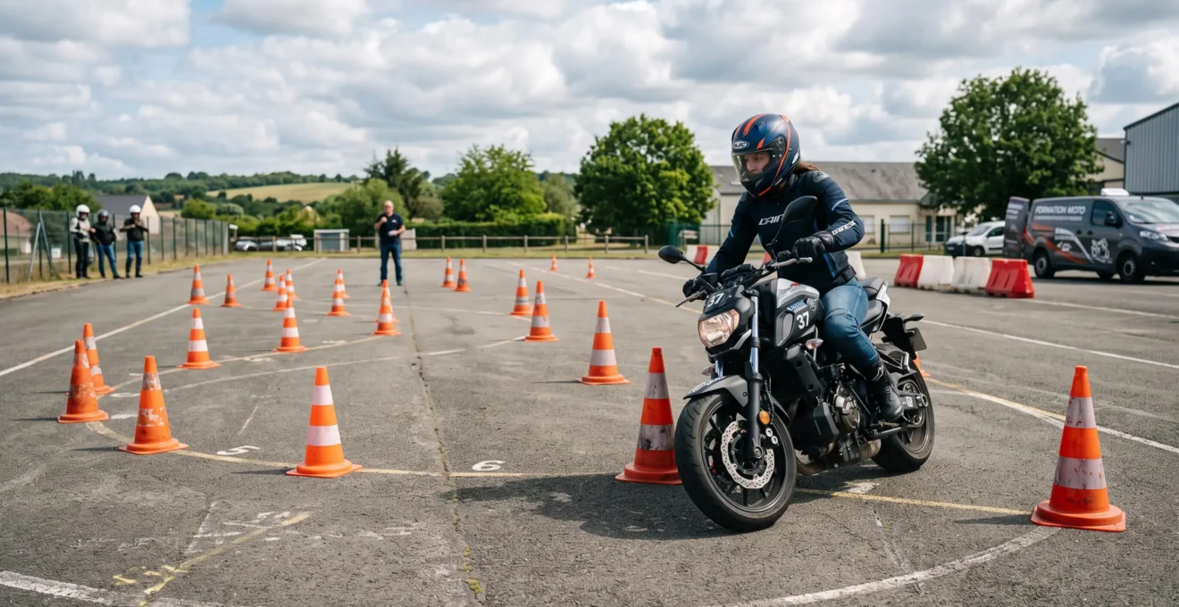 Candidat au permis moto réalisant un exercice de slalom entre des cônes sur une piste d'examen