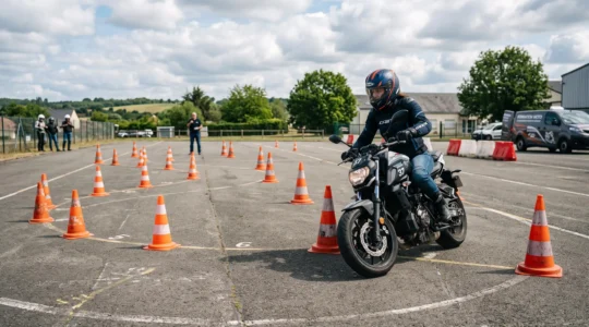 Candidat au permis moto réalisant un exercice de slalom entre des cônes sur une piste d'examen