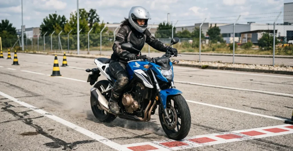 Candidat effectuant un exercice de freinage d'urgence sur le plateau moto d'examen Candidat effectuant un exercice de freinage d'urgence sur le plateau moto d'examen
