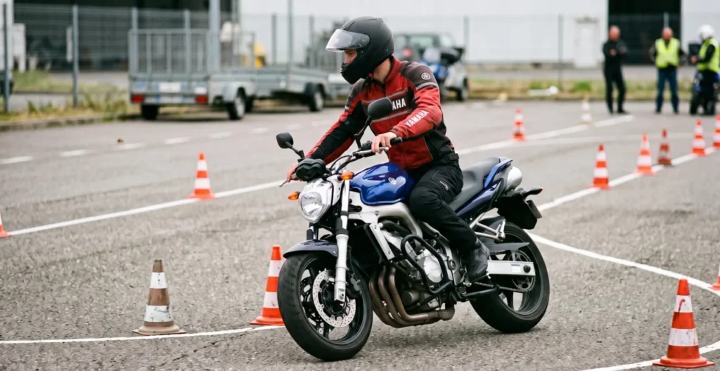 Motard réalisant un demi-tour à allure lente sur une piste d'examen du permis moto Motard réalisant un demi-tour à allure lente sur une piste d'examen du permis moto